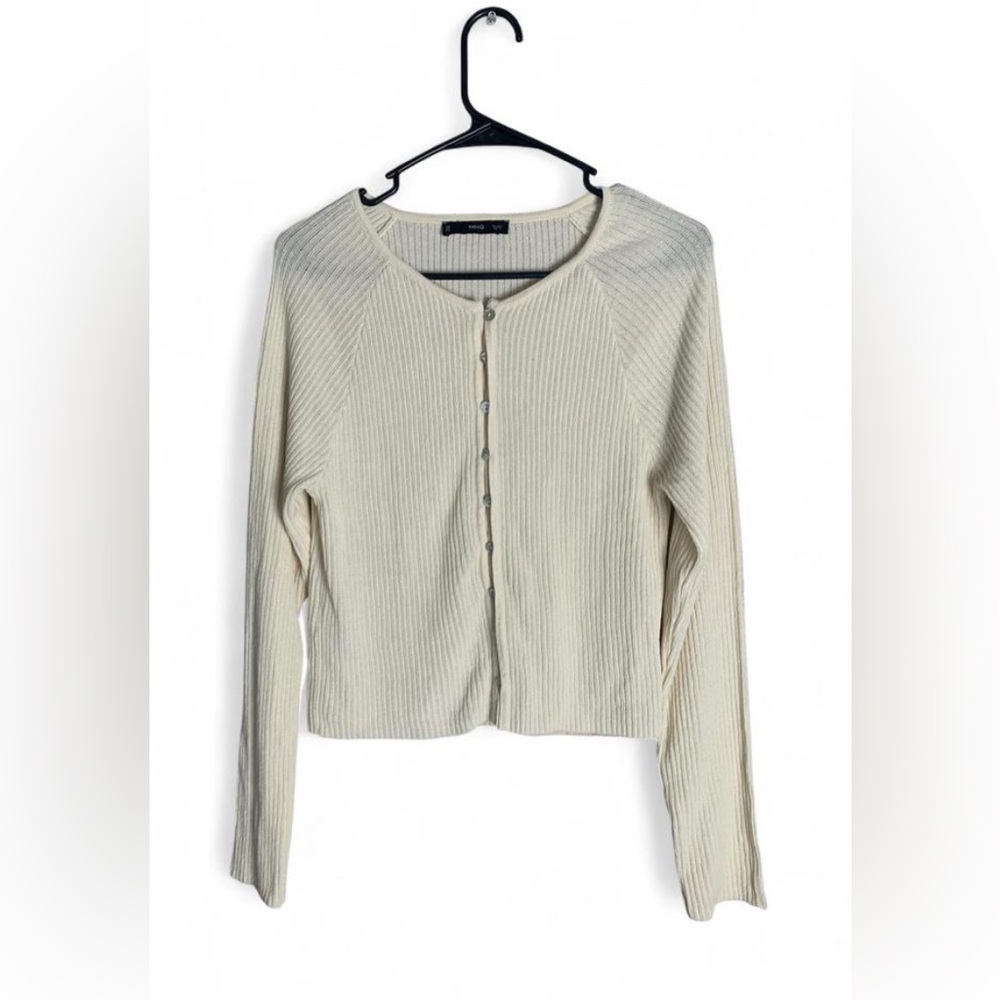 MANGO Sheer Ribbed Button-Down Cardigan - Cream/Off-White - Size L